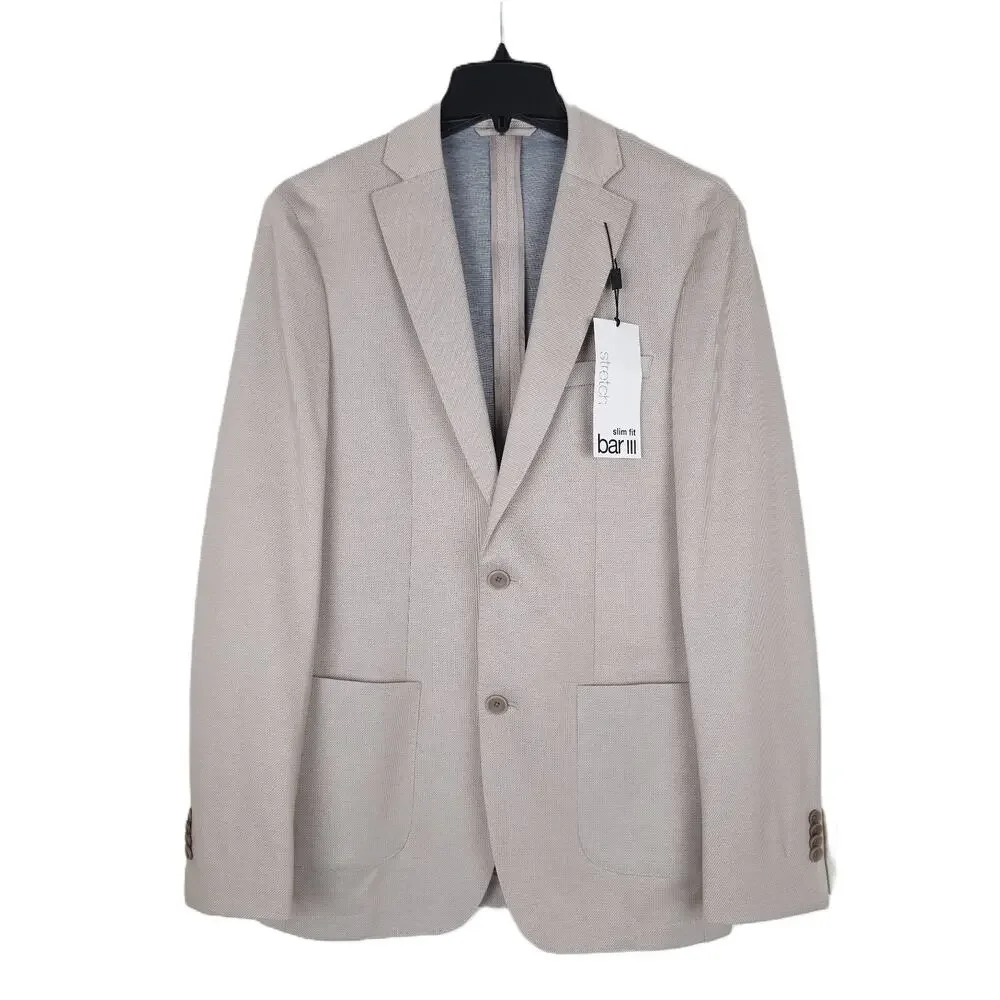 Bar III Mens Slim Fit Sport Coat Blazer 38L Beige Micro Zig Zag Stretch Knit NWT
